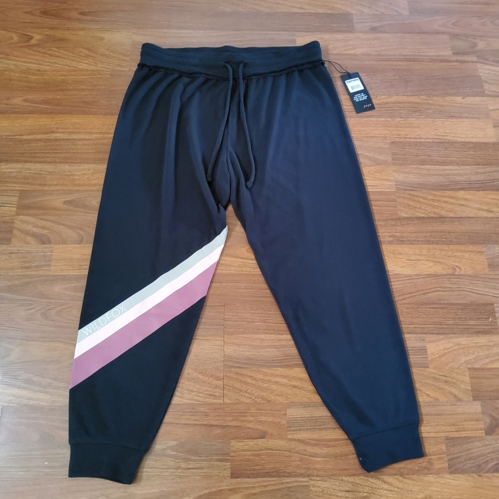 Wildfox Black Track Joggers with Pink & Cream Diagonal Stripes